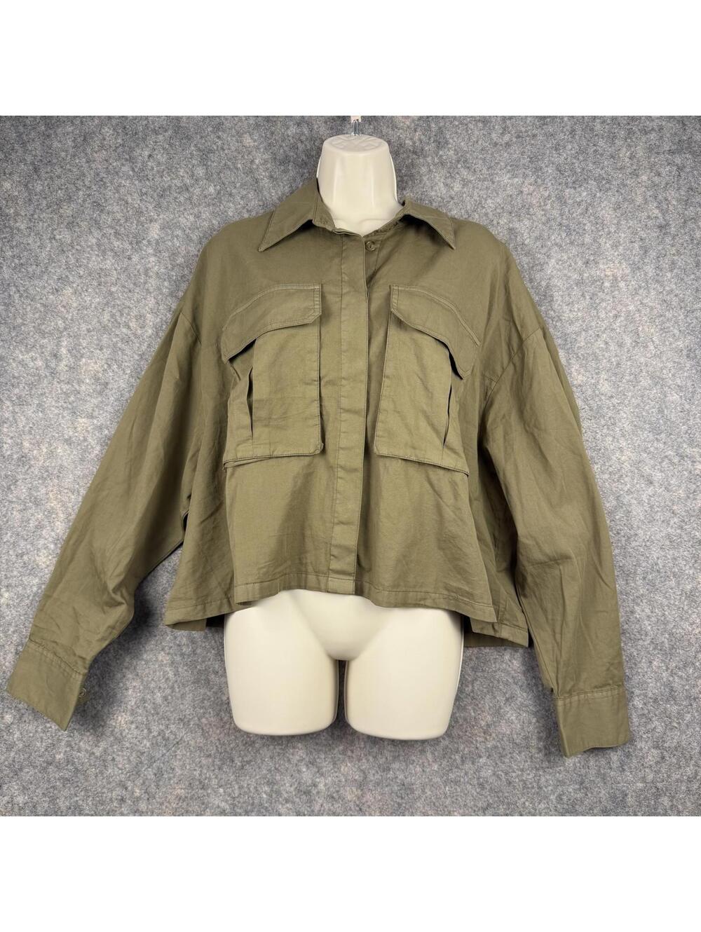 Kut From The Kloth Long Sleeve Cropped Utility Military Shirt Olive Green XL 169